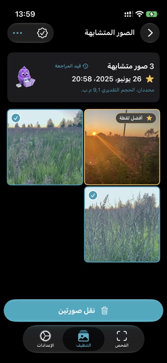 مجموعة صور متشابهة، أفضل لقطة فيها مميّزة والبقية محددة.