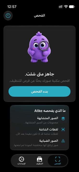تبويب الفحص في Alike، جاهز لبدء فحص جديد.
