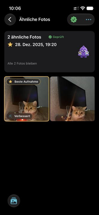 Eine Gruppe ähnlicher Fotos, die beste Aufnahme als verbessert markiert.