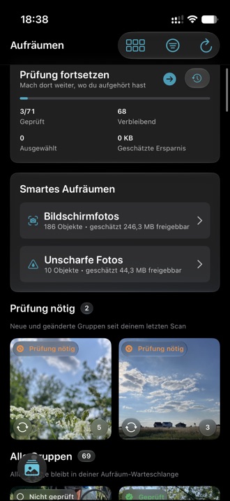 Der Aufräumen-Tab mit Gruppen ähnlicher Fotos und Status-Markierungen.