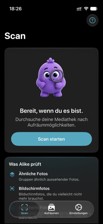 Der Scanner-Tab von Alike, bereit für einen Scan.