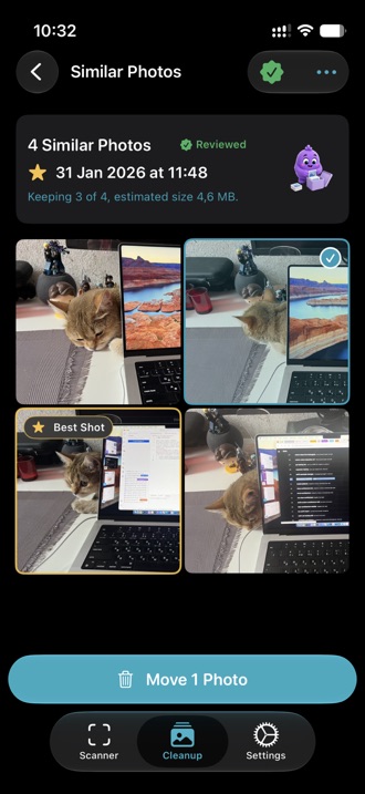 A group of similar photos with the best shot highlighted and others selected.