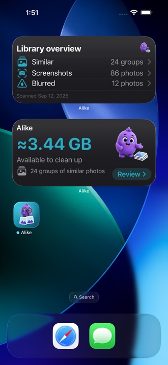 A home screen with both Alike widgets: reclaimable space, and the library overview.