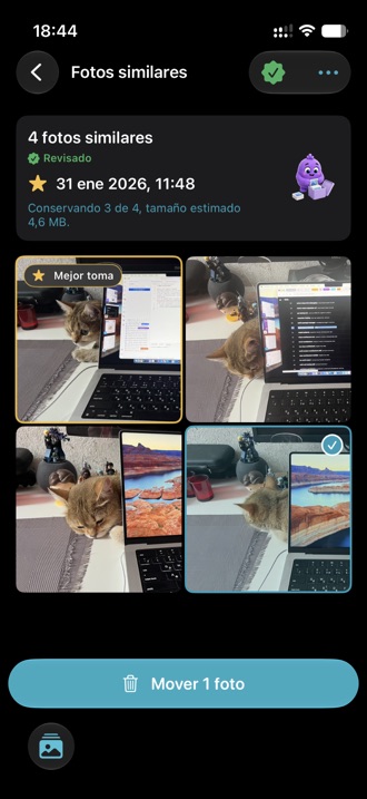Un grupo de fotos similares con la mejor toma destacada y las demás seleccionadas.