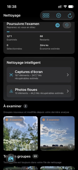 L'onglet Nettoyage listant des groupes de photos similaires avec leurs badges.