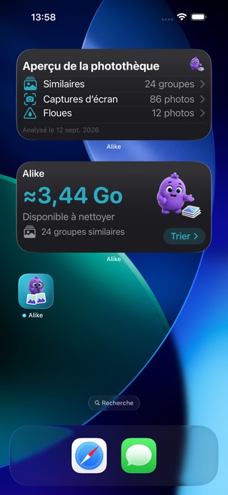 Un écran d'accueil avec les deux widgets Alike : l'espace récupérable et l'aperçu de la photothèque.