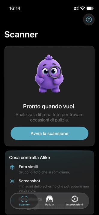La scheda Scanner di Alike, pronta ad avviare una scansione.