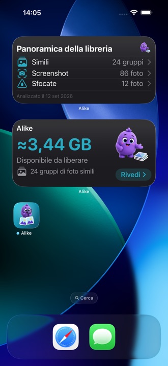 Una schermata home con entrambi i widget di Alike: lo spazio recuperabile e il riepilogo della libreria.