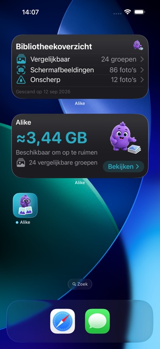 Een beginscherm met beide Alike-widgets: de vrij te maken ruimte en het bibliotheekoverzicht.
