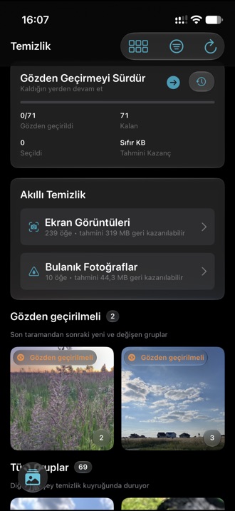 Benzer fotoğraf gruplarını ve inceleme rozetlerini listeleyen temizlik sekmesi.