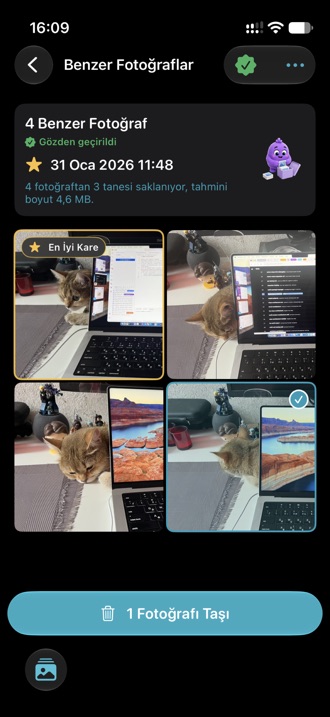 Benzer fotoğraflardan oluşan bir grup; en iyi kare öne çıkarılmış, diğerleri seçili.