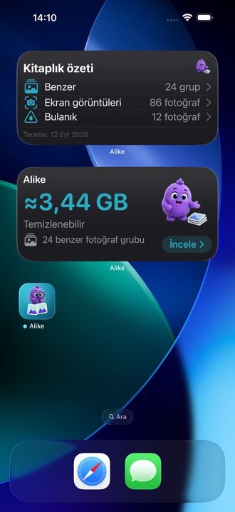 Her iki Alike widget'ının bulunduğu bir ana ekran: kazanılabilir alan ve kitaplığa genel bakış.