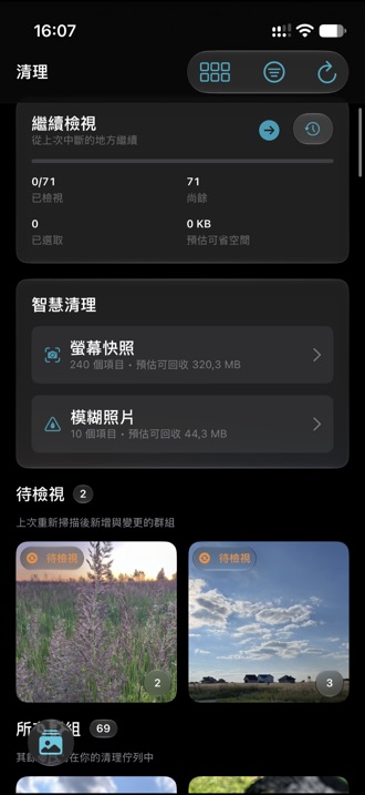 整理頁面列出一組組相似照片，並標示檢視狀態。