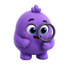 The mascot searching through photos with a magnifying glass.